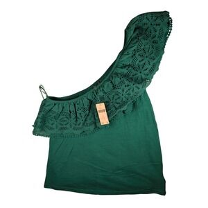 NWT $68 Anthropologie Turquoise Green One Shoulder Eyelet Ruffle Top - Size M‎